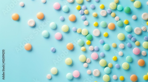 Health, Science and Lab Test Concept : Colorful pills and pastel shades of multivitamins in a light blue background