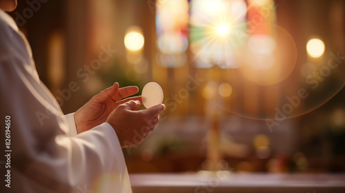 Close-up of a priest's hands holding a communion wafer with church windows in the background