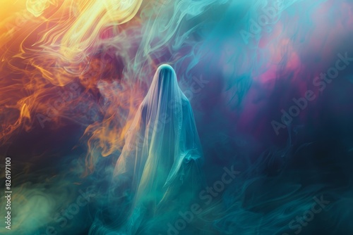 Abstract image of a ghostly figure enveloped in vibrant, swirling colors