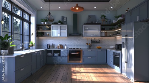 Modern style kitchen with frameless cabinets in trendy colors.