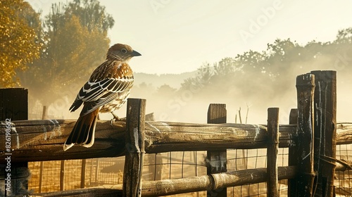  Bird on Fence, Sunny Day, Green Forest and Fog