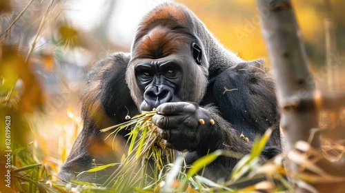 A gorilla foraging for food. 