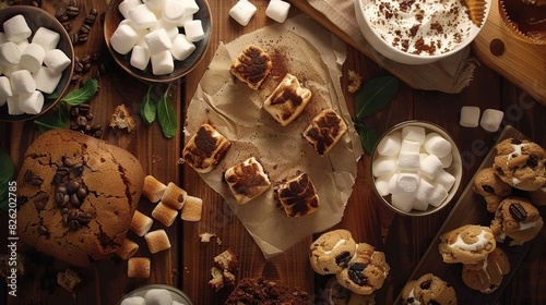  A table featuring desserts and marshmallows, alongside a bowl of cookies and marshmallows