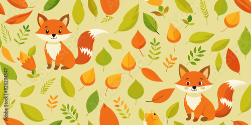 Illustration of a seamless pattern featuring cute cartoon foxes and colorful autumn leaves on a light beige background. The foxes are orange with white accents