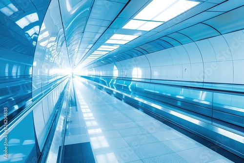 Modern futuristic corridor with blue lighting and reflective sur
