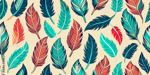 Colorful feather pattern on a reddish-orange background; various feather illustrations in shades of teal, blue, green, red, yellow, and black