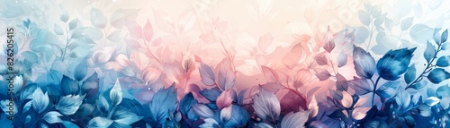 Abstract watercolor gradient background featuring delicate pastel blue and pink leaves, perfect for artistic and creative projects.