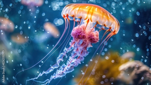 A jellyfish moving gracefully in the water. 