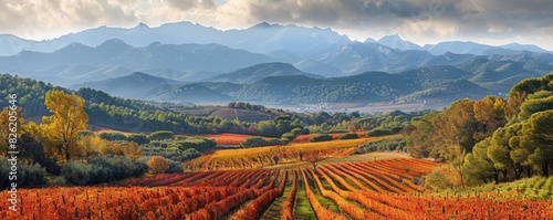 Wine landscape with vineyards during autumn in the Alella denomination of origin area in the province of Barcelona in Catalonia Spain