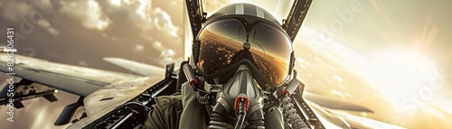 A close-up view of a fighter pilot in the cockpit with reflective visor, surrounded by a dramatic sunset sky and aircraft wings.
