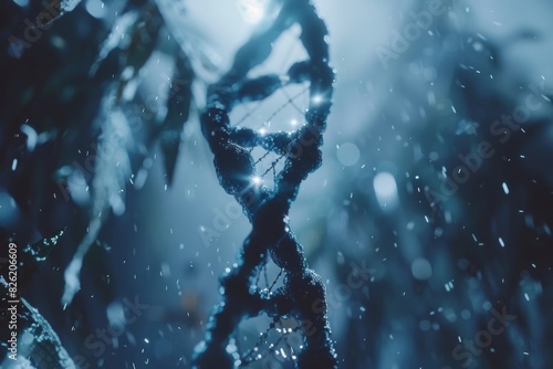 Wintry DNA strand with snow, blending the concepts of genetics and seasonal changes