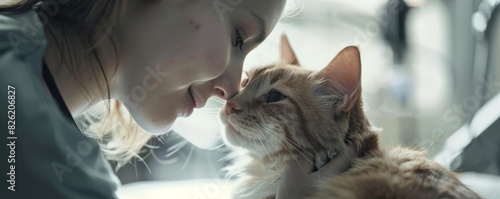 A woman affectionately rubbing noses with a ginger cat, showcasing a tender moment of love and companionship in a cozy setting.
