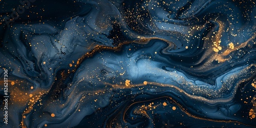 Beautiful Navy Blue Paint Swirls with Gold Powder. Modern Marbling Background.