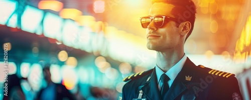 Confident airline pilot in uniform wearing sunglasses inside a brightly lit airport terminal, exuding professionalism and readiness.
