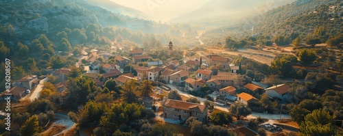 Aerial drone view of the the small ancient village of in the mountains