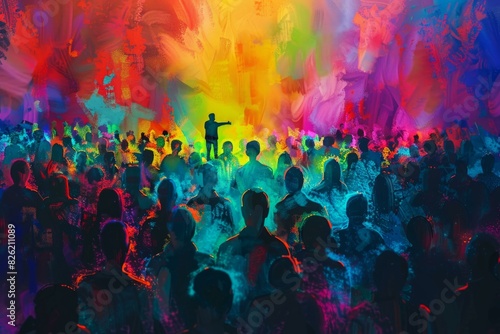 Silhouette of a dj with raised arms in a colorful, abstract crowd scene