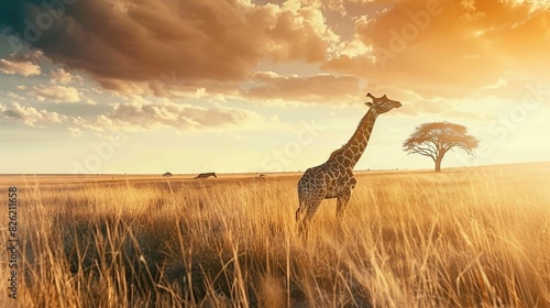  A giraffe, tall amidst green grass, stands still against a backdrop of trees and other creatures