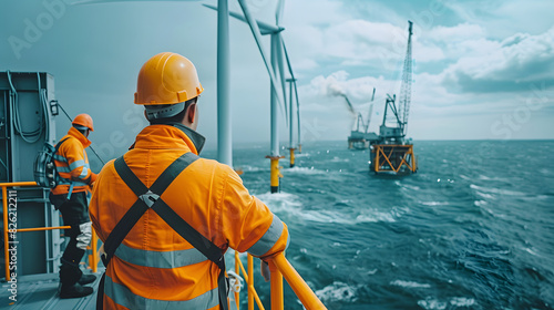 Workers on windmill in ocean environmental concept wind energy