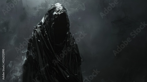 A dark figure in a black cloak with a hood pulled low over its face.