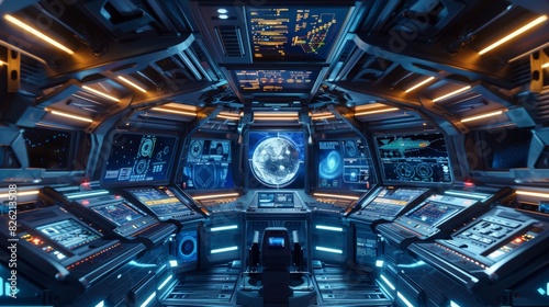 The interior of a spaceship cockpit with a view of the Earth.