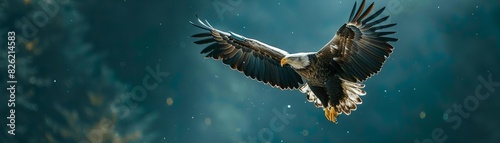 Conceptual photography image representing freedom with a soaring eagle background, daylight, thoughtprovoking style, space for text left