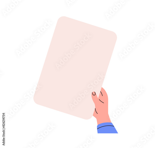 Hand holding blank paper card, presenting information, note on sign board. Showing clear placard background with empty space for information. Flat vector illustration isolated on white background