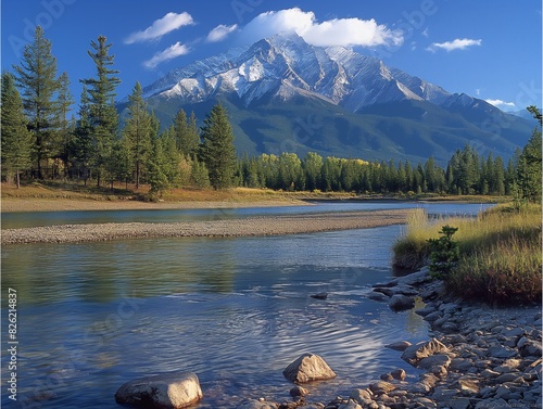 A mountain range is in the background of a river. The water is calm and clear. The scene is peaceful and serene