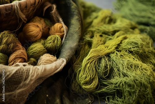 A closeup of artisanal yarn dyed using natural botanical methods, featuring a harmonious blend of green tones and dried plants, emphasizing ecoconscious textile art