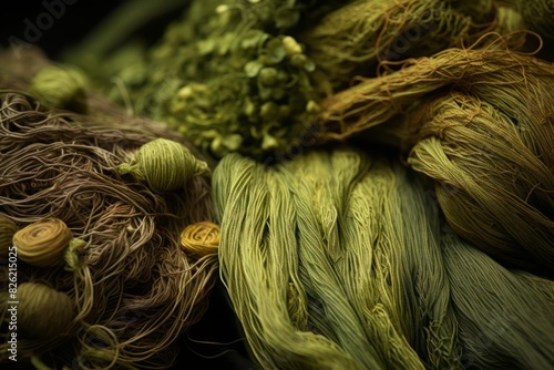 A closeup of artisanal yarn dyed using natural botanical methods, featuring a harmonious blend of green tones and dried plants, emphasizing ecoconscious textile art