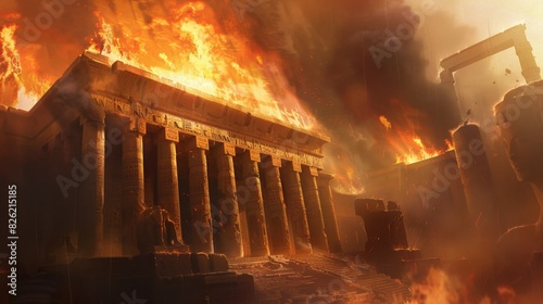 The image shows a temple on fire. The temple is surrounded by flames and smoke. The columns of the temple are on fire and the roof is about to collapse.