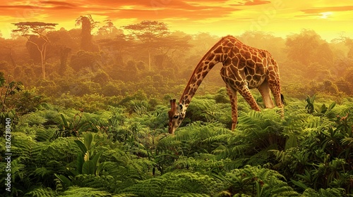  A giraffe towering amidst a dense forest of tall trees and lush vegetation