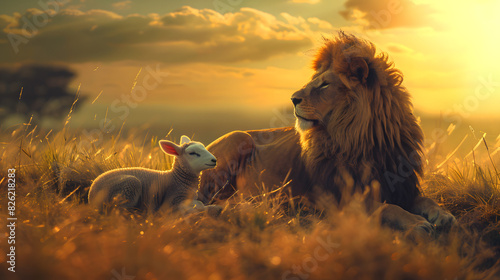 Lion and lamb Jesus christian son of god king died resurrection easter concept sunrise new day christ holy