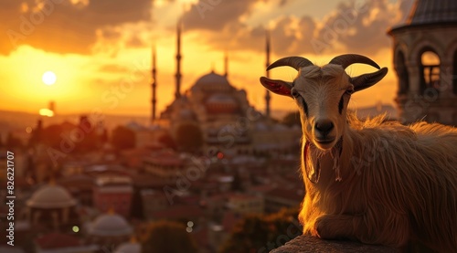 A goat sting on top in front of Turkish Model Grand Mosque. AI Generated