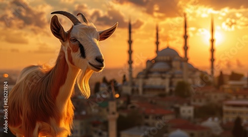A goat sting on top in front of Turkish Model Grand Mosque. AI Generated