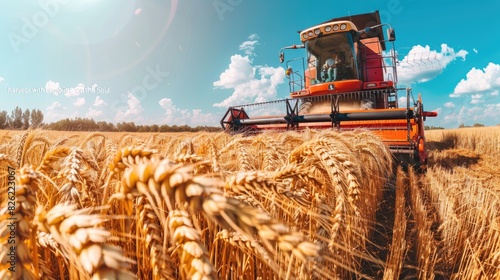 a combine harvester harvesting wheat on a golden autumn field, epitomizing the agricultural beauty of harvest season and the vital role of machinery in gathering grain from the land.