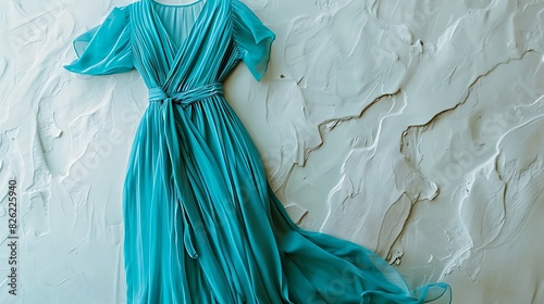 A vibrant turquoise maxi dress displayed artistically against a white backdrop, evoking a sense of summer joy and vibrancy.