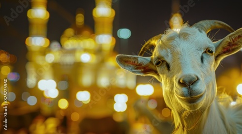A goat standing in front of Turkish Model Grand Mosque illuminated with lights in night .AI Generated