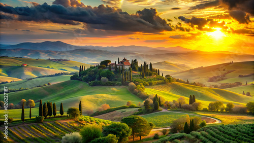 big gorgeous tuscany landscape in sunset