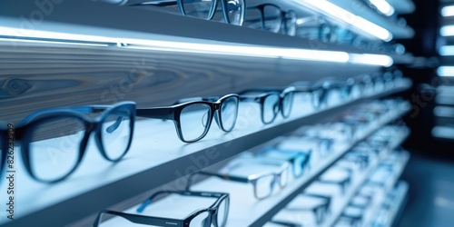 shelves with different glasses in an optics store. sale of glasses, vision correction