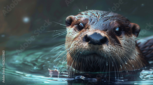 Close-up of an otter swimming in water, showcasing its wet fur and curious expression.