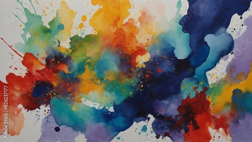 Vibrant watercolor painting focus , showcasing dynamic explosion of colors that blend ly into one another. Central area of painting burst of warm hues, including yellows, oranges, reds.