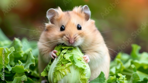 Cute hamster eating cabbage