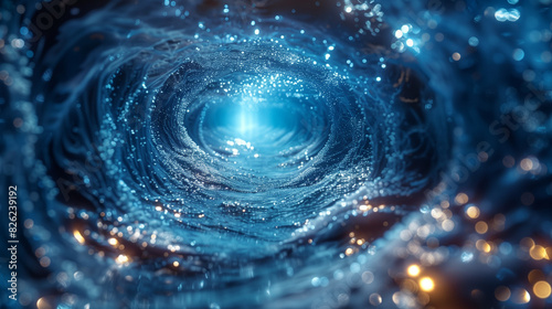 A swirling underwater vortex illuminated with light reflections. 