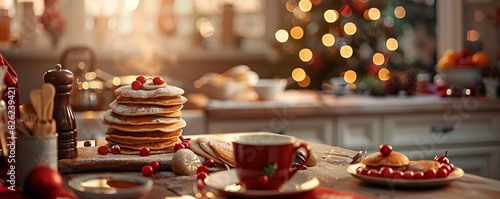Christmas Breakfast Focus on a festive breakfast spread with pancakes and hot cocoa with a kitchen background, morning light, empty space center for text Christmas