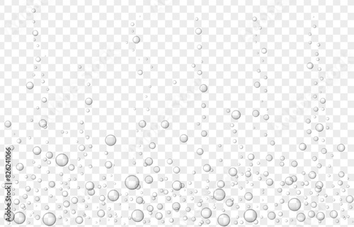 Airy black soda bubbles, abstract bubbles under water on a light transparent background. Fizzy transparent bubbles for the design of carbonated drinks, aquarium, champagne.
