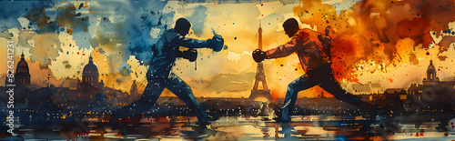 Watercolor illustration of two boxers in action against a Paris skyline, representing the Olympic Games and competitive spirit