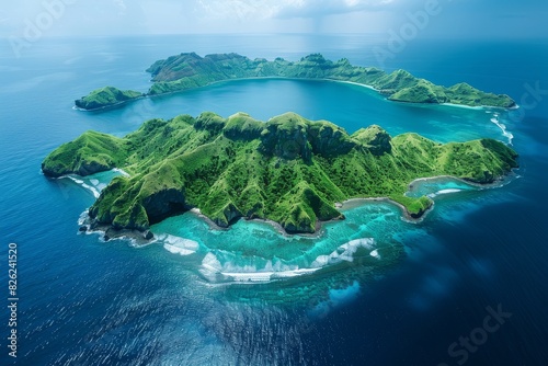 An aerial shot showcasing the stunning beauty of a lush, green tropical archipelago surrounded by crystal-clear azure waters