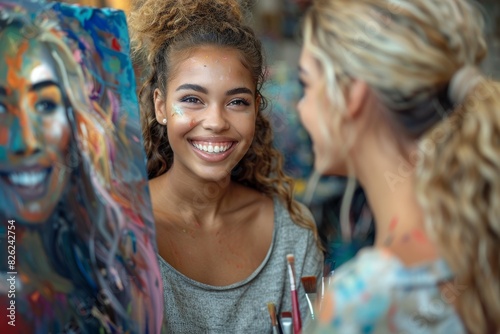 Young female artist smiling beside her colorful self-portrait painting, illustrating artistry and happiness