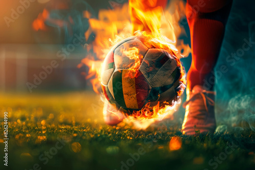 Feroz patada de un futbolista a un balón en llamas durante un intenso partido nocturno en un campo de hierba