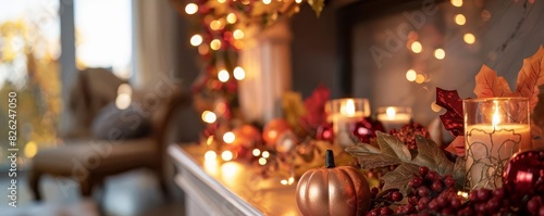 Thanksgiving Decorations Focus on Thanksgivingthemed decorations on a mantel with a cozy living room background, warm indoor light, empty space right for text